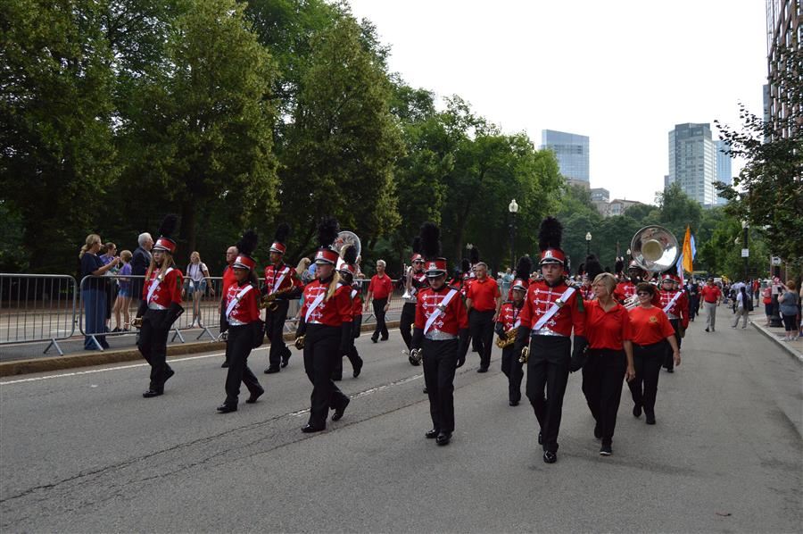 The ASB Band marching down Boylston Street.